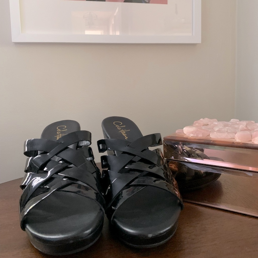 Cole Haan Black Patent Leather Slide Wedge Sandals